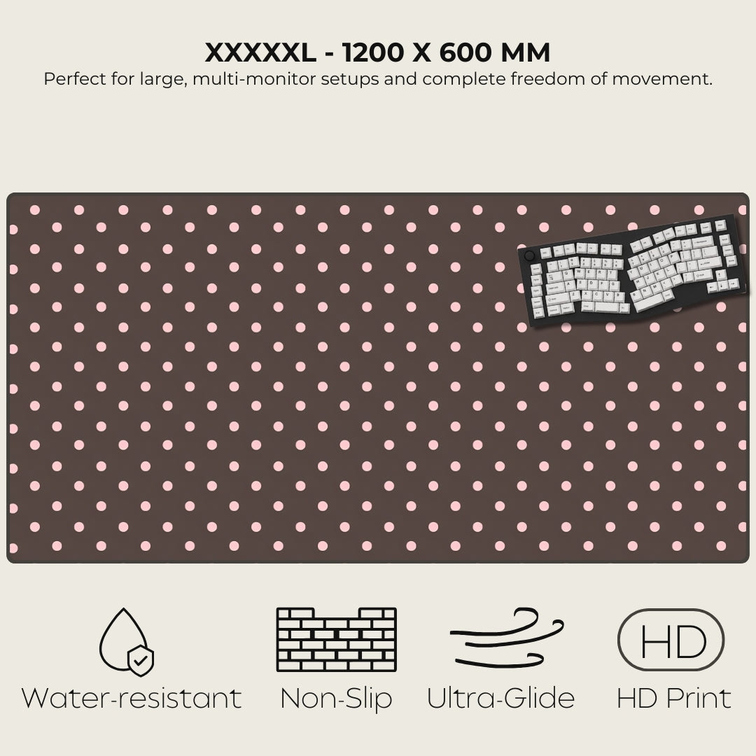 Large polka dot mouse pad with keyboard illustration, specifications, and feature icons.