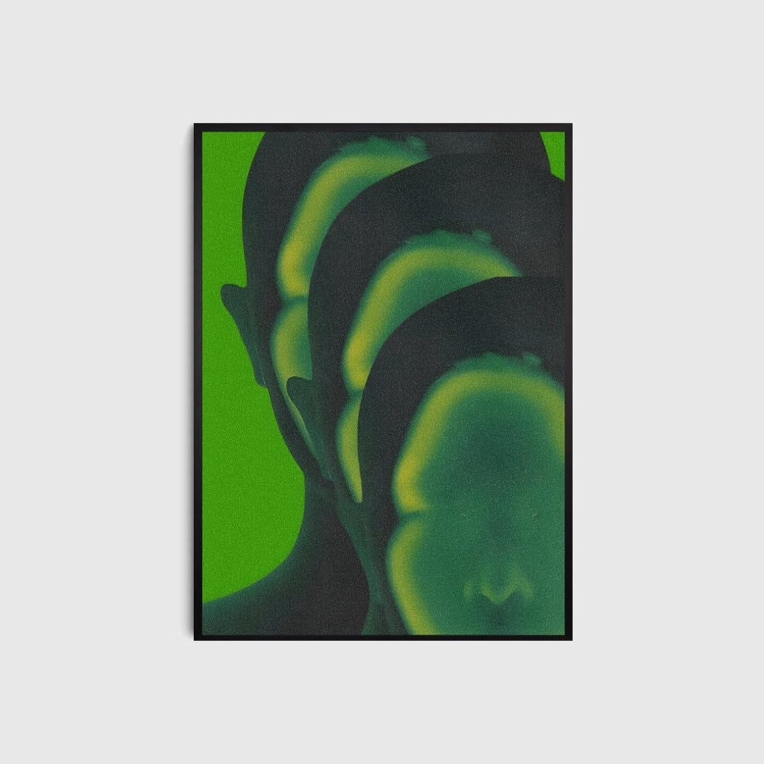 Abstract art piece with green and black colors on a white background