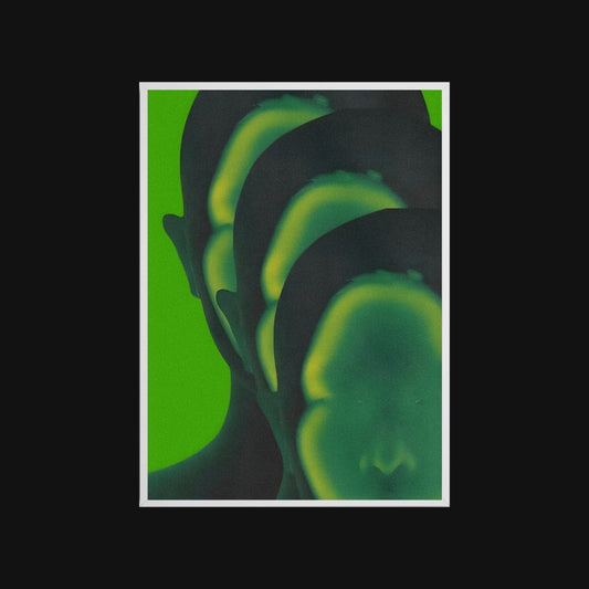 Artistic depiction of green and black face shapes on a black background