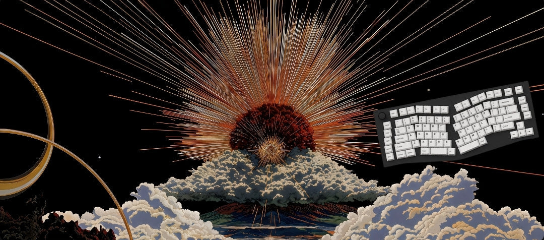 Artistic depiction of a keyboard with a fiery explosion and clouds in the background