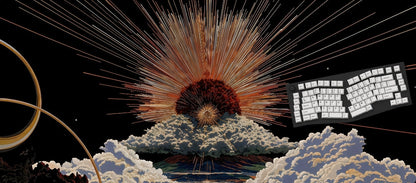 Artistic depiction of a keyboard with a fiery explosion and clouds in the background