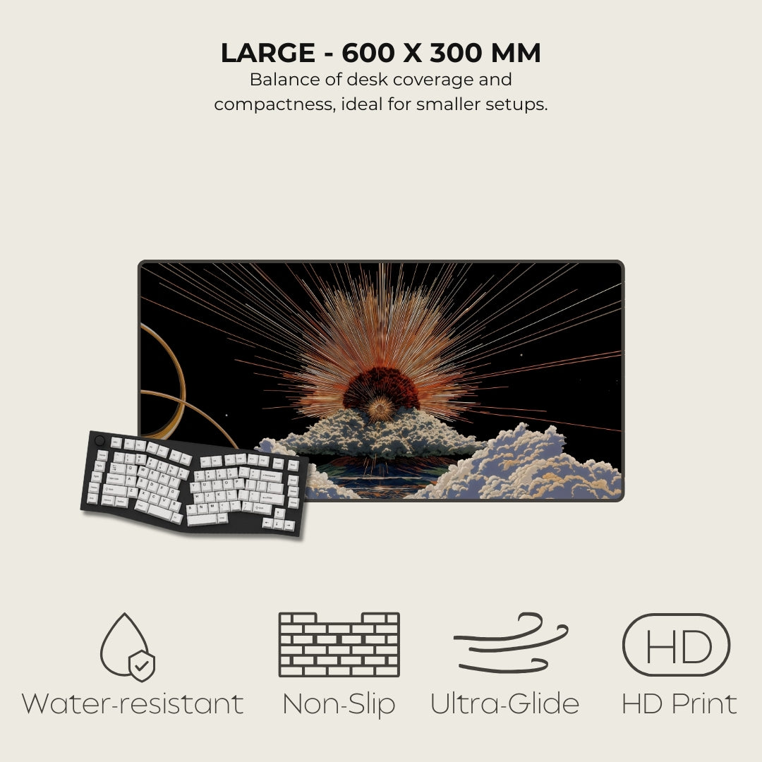 Mouse pad with a fiery explosion design on a light gray background, featuring product specifications and features.