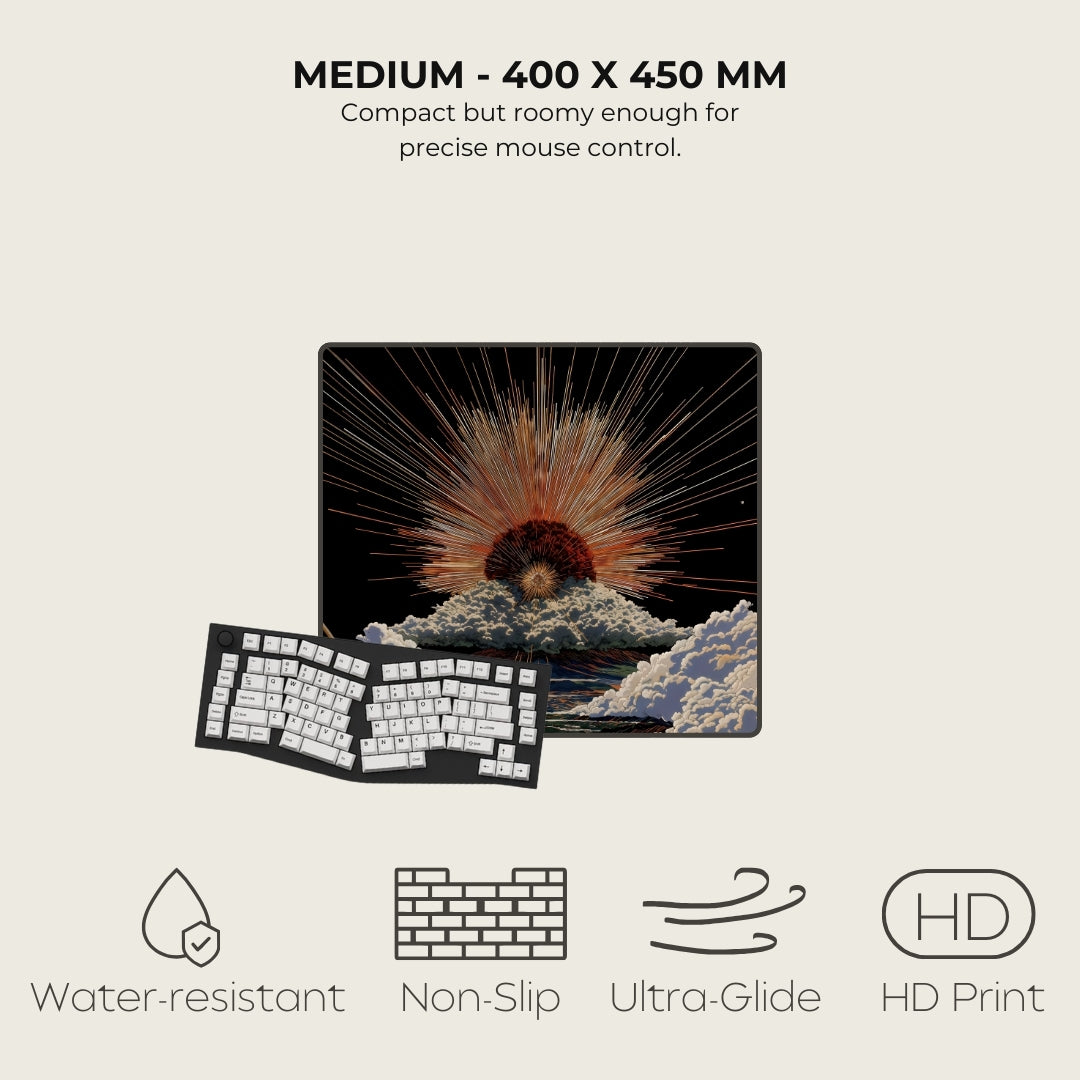 Keyboard with a mousepad displaying an explosion graphic, surrounded by product features on a light background.