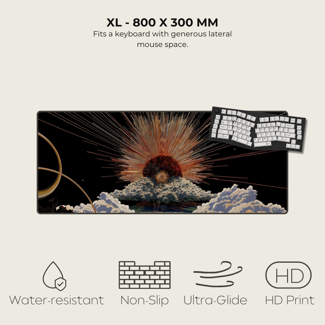 Large mouse pad with space-themed design and keyboard on a light gray background