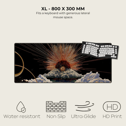 Large mouse pad with space-themed design and keyboard on a light gray background