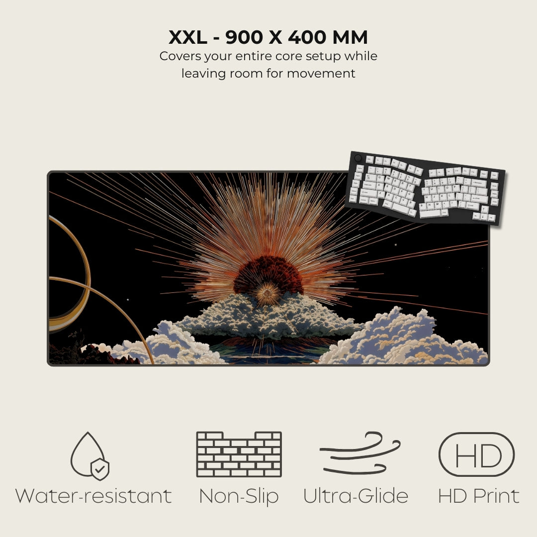 Large desk mat with space-themed design, keyboard on the side, and product features listed.