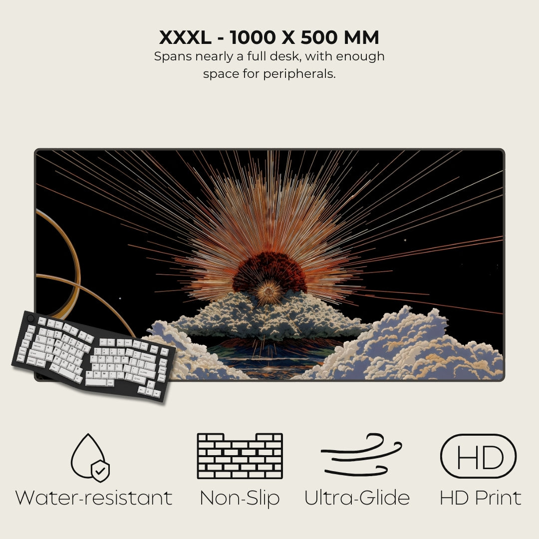 Large desk mat with a design of an explosion on clouds, accompanied by a keyboard. Features water-resistance, non-slip, ultra-glide, and HD print quality.