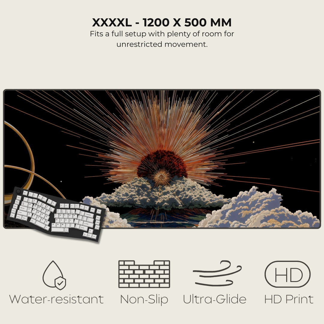 Large mouse pad with space-themed design, keyboard, and product features on a white background