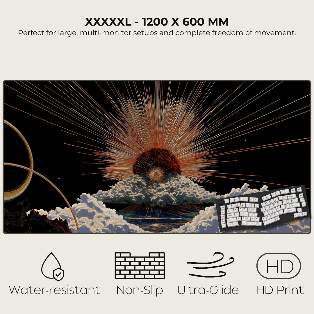 Large mouse pad with a design of a sunburst over clouds and a keyboard, featuring text and icons indicating product features.
