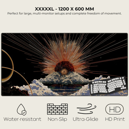 Large mouse pad with a design of a sunburst over clouds and a keyboard, featuring text and icons indicating product features.