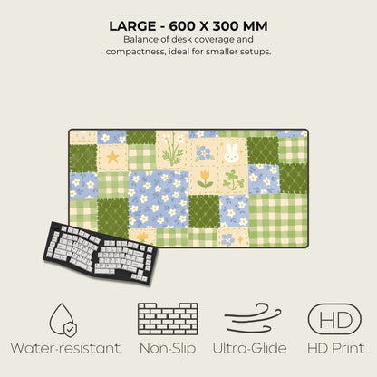 Desk mat with floral pattern and keyboard on a light beige background, featuring text and icons about product features.