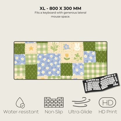 Keyboard mat with floral pattern and text describing dimensions and features on a beige background