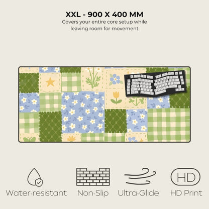 Keyboard mat with floral and checkered pattern on a light gray background