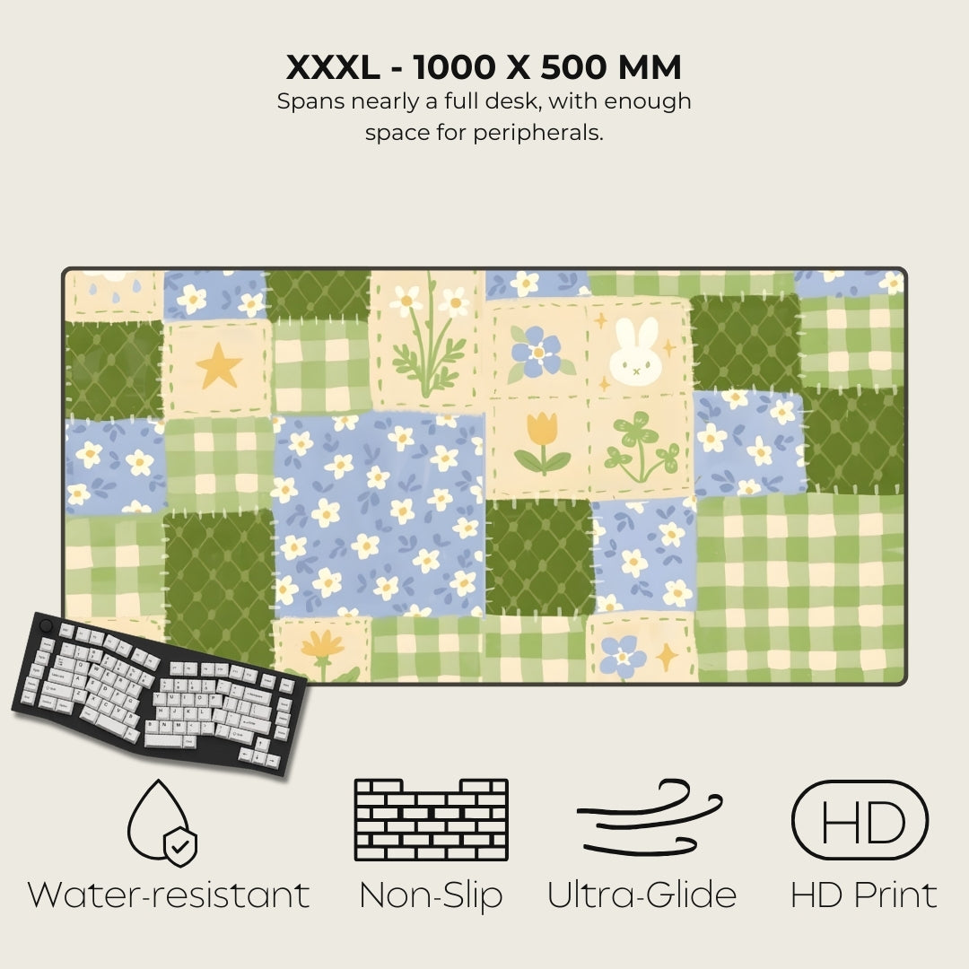 Floral patterned desk mat with product features on a white background