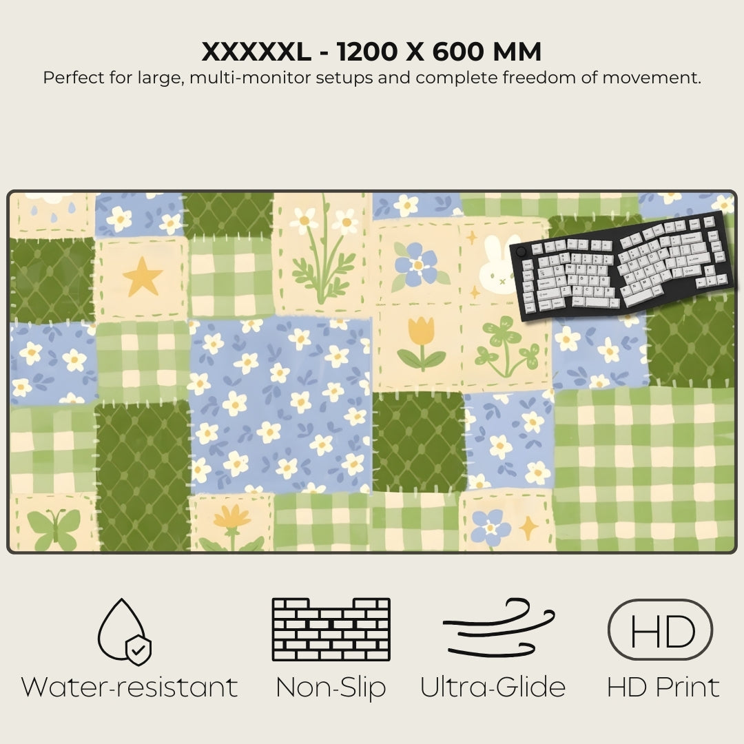 Large desk mat with a patchwork design featuring flowers and patterns, suitable for large monitors.