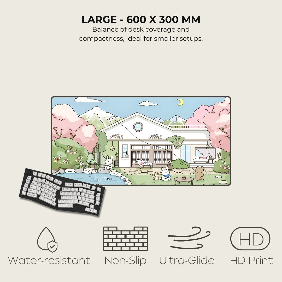 Large desk mat with cartoon design, keyboard on the side, and features listed.