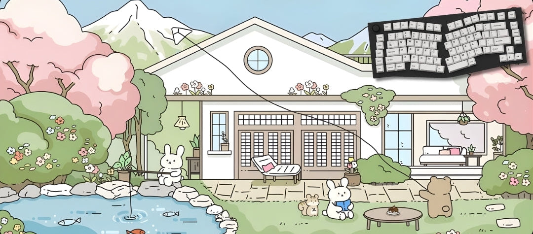Cartoon-style house with cherry blossom trees and a keyboard in the sky