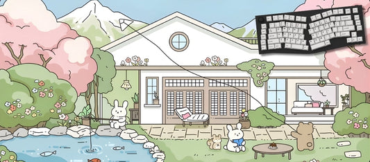 Cartoon-style house with cherry blossom trees and a keyboard in the sky