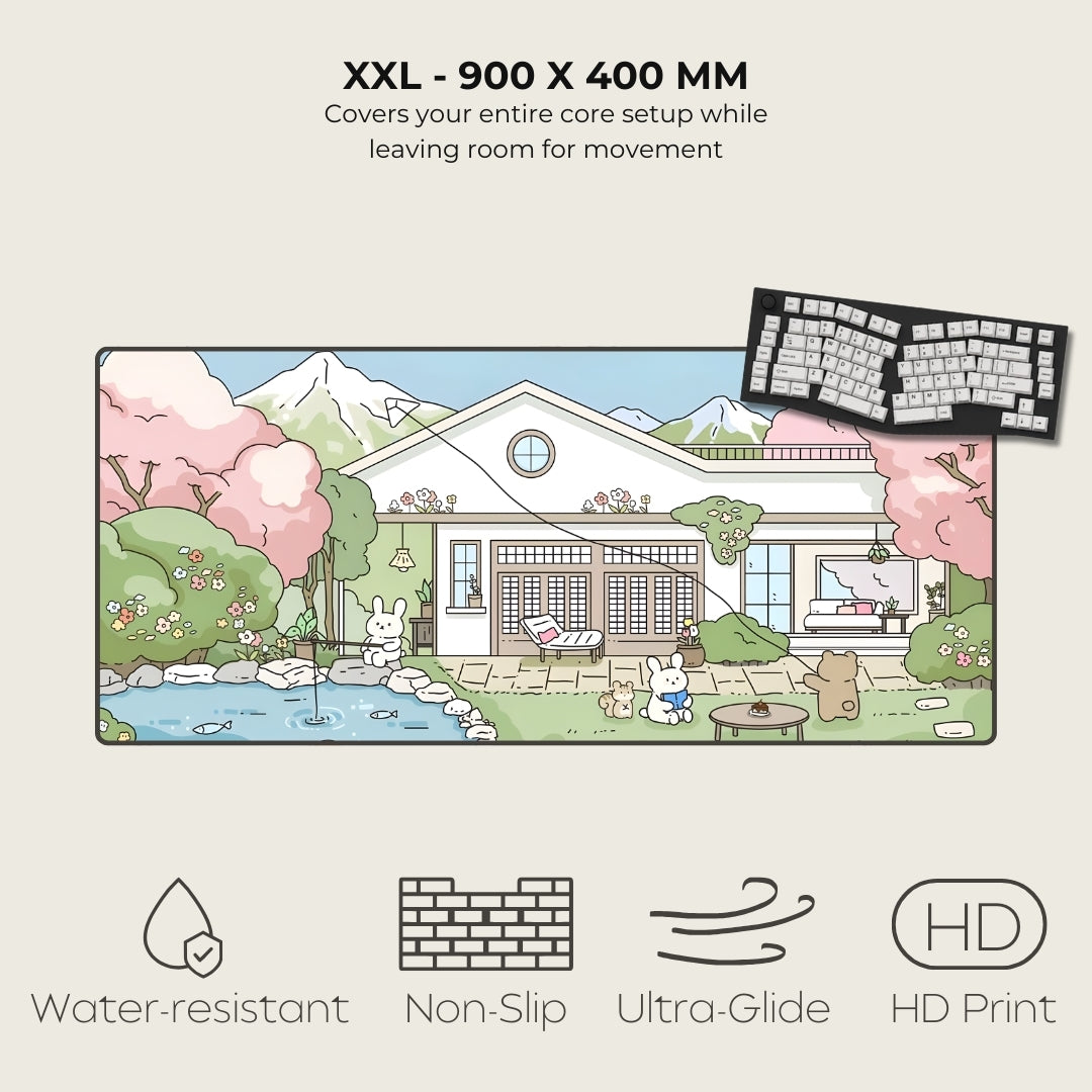 Large cartoon-style landscape with a house, cherry blossoms, and animals, featuring text and icons about product features.