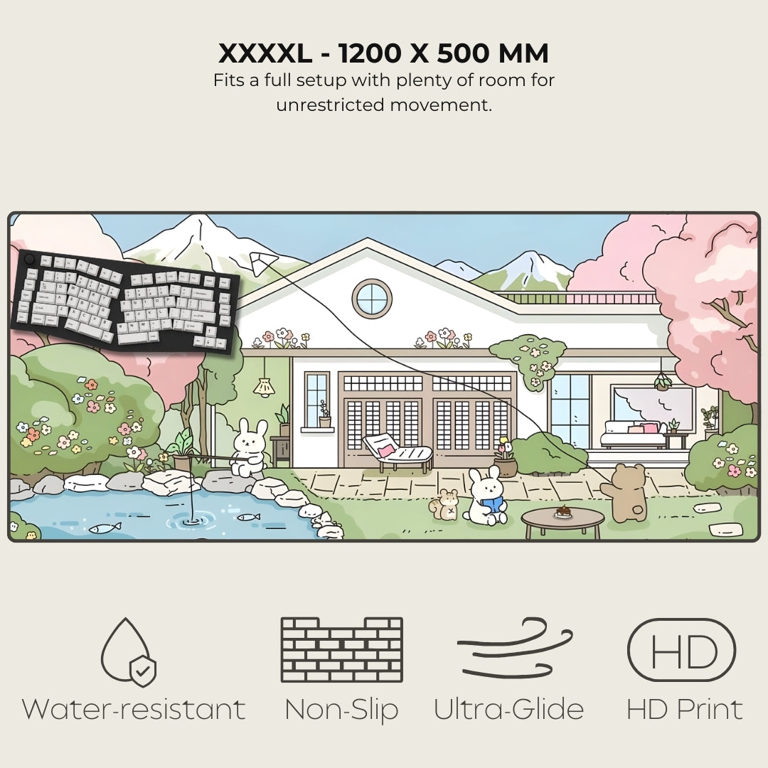 Cartoon-style landscape with house, trees, and animals on a white background