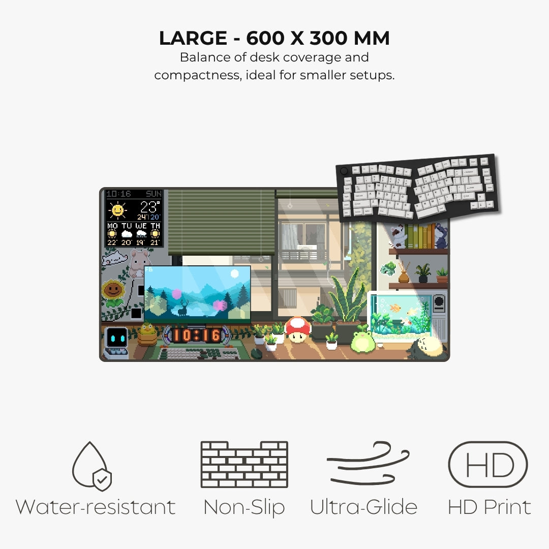 A large desk mat with a colorful cartoon-style illustration of a gaming setup with text highlighting its size (600 x 300 mm) and features like water resistance, non-slip backing, ultra-glide edges, and HD print.