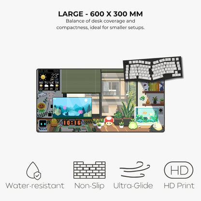 A large desk mat with a colorful cartoon-style illustration of a gaming setup with text highlighting its size (600 x 300 mm) and features like water resistance, non-slip backing, ultra-glide edges, and HD print.
