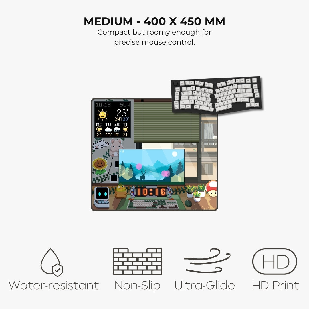 A compact gaming pixel art desk mat with a colorful retro video game screen 