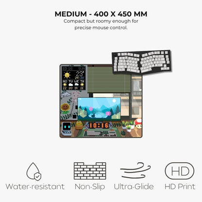 A compact gaming pixel art desk mat with a colorful retro video game screen 