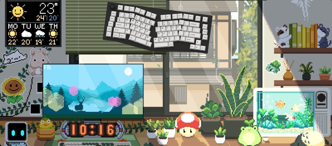 A retro pixel-art mousepad with a cozy desk scene with a computer monitor showing a mountain landscape, a keyboard floating above the desk, shelves with books and plants, a fishbowl, and a mushroom character on the desk.