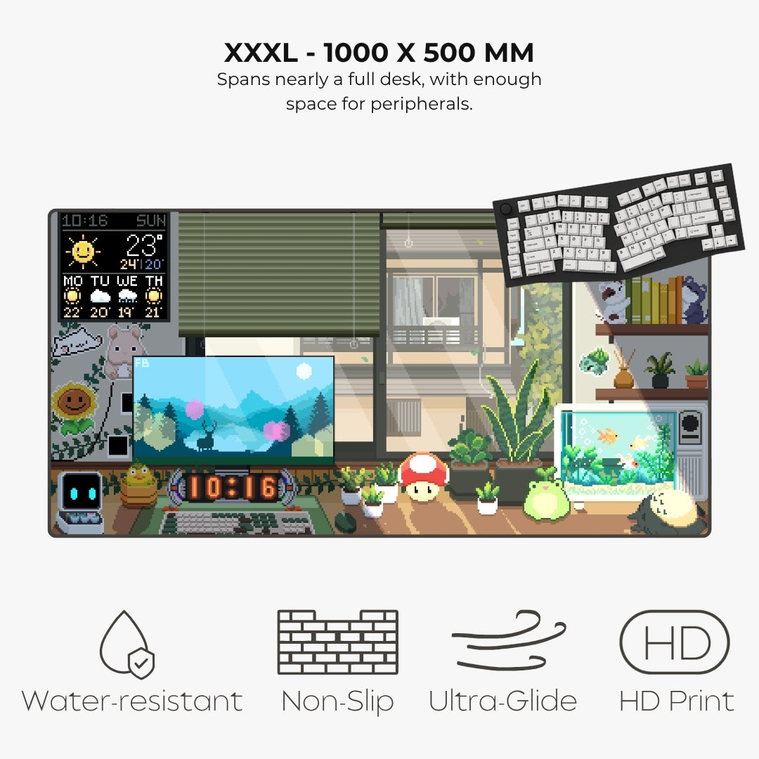 An illustrated mousepad in pixel art style. The scene shows a large desk with a monitor, keyboard, shelves, plants, books, and other room decor in a stylized graphic design.