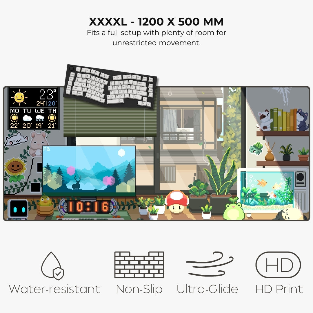 A large rectangular desk mat or mousepad shown on a light gray background with text reading 'XXXXL - 1200 X 500 MM' and feature icons for water-resistant, non-slip, ultra-glide, and HD print. The mat features a retro colorful illustrated office/living room scene with a keyboard, monitor, plants, shelves, a fish tank, and a mushroom character.