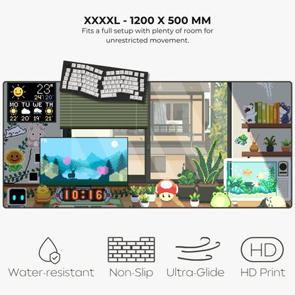 A large rectangular desk mat or mousepad shown on a light gray background with text reading 'XXXXL - 1200 X 500 MM' and feature icons for water-resistant, non-slip, ultra-glide, and HD print. The mat features a retro colorful illustrated office/living room scene with a keyboard, monitor, plants, shelves, a fish tank, and a mushroom character.