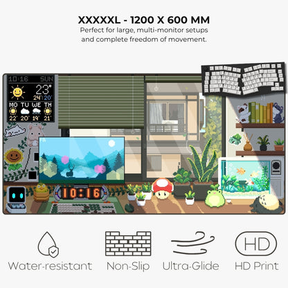 A large pixel art style desk mat or mousepad shown in a retro, cozy setting.