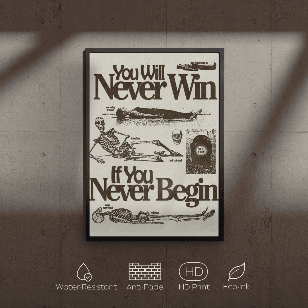 Poster with skeleton illustration and text on a textured wall background