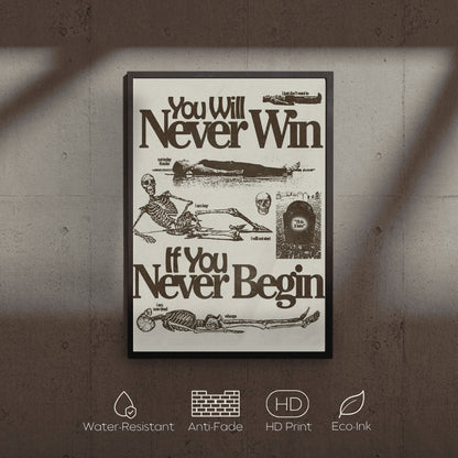 Poster with skeleton illustration and text on a textured wall background