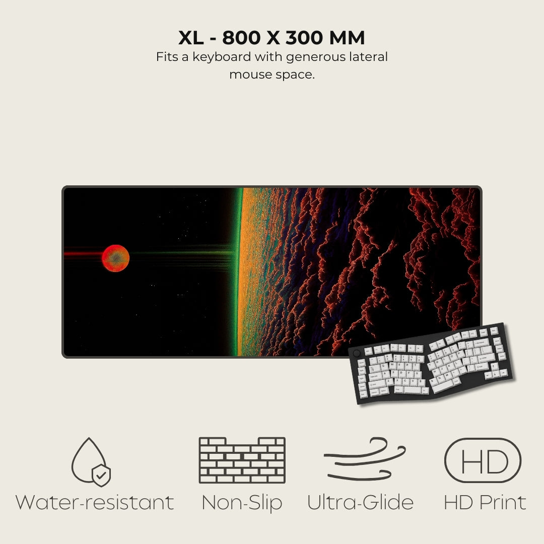 Large mouse pad with space-themed design and keyboard on a light gray background