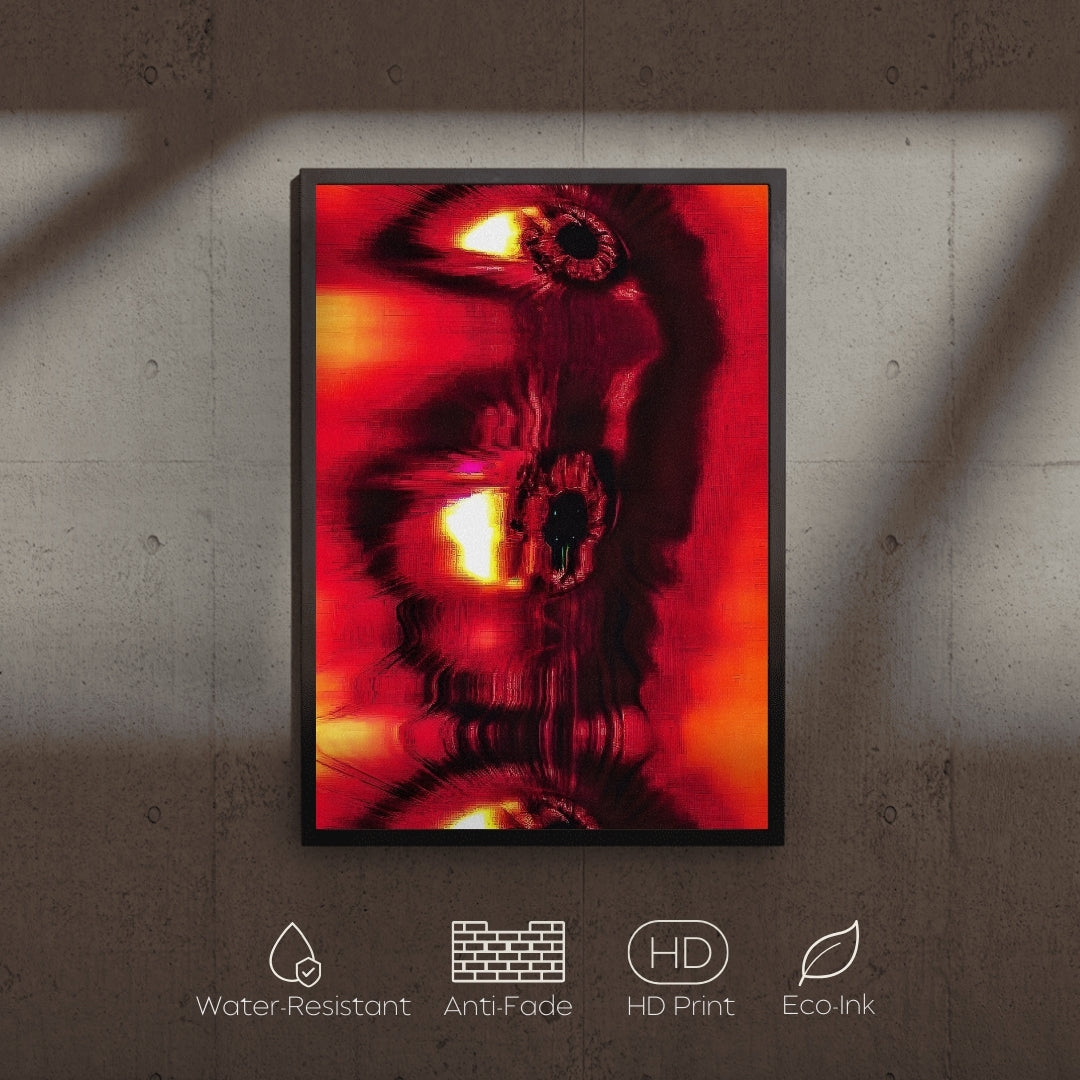 Framed artwork with a red and black abstract design on a textured wall.