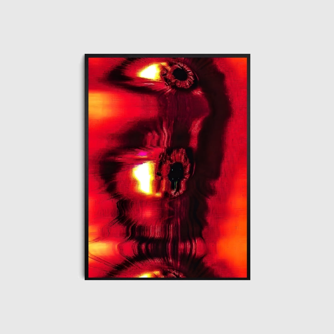 Framed artwork with a red and black abstract design on a white background