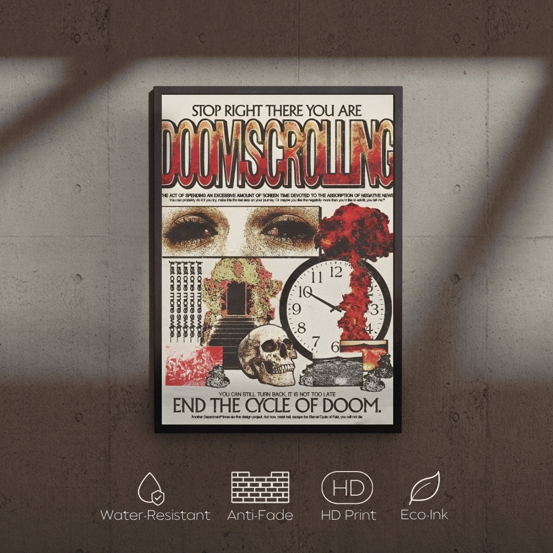 Framed poster with artistic design and text on a textured wall.