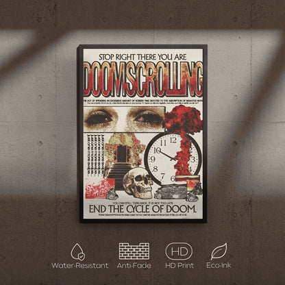 Framed poster with artistic design and text on a textured wall.