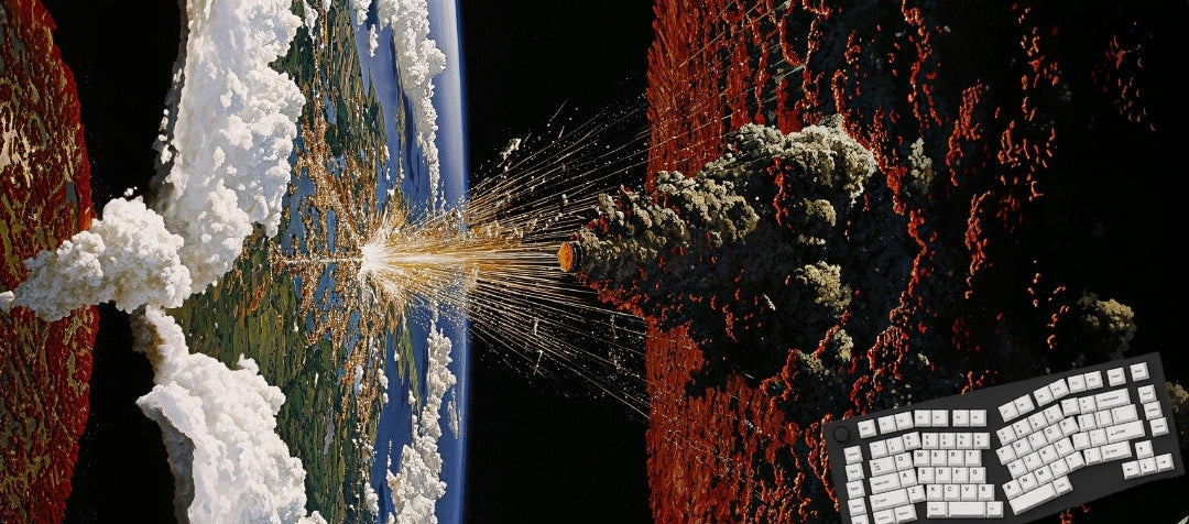 Mousepad of a planet explosion, a keyboard, and a fiery landscape.
