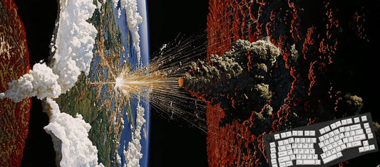 Mousepad of a planet explosion, a keyboard, and a fiery landscape.