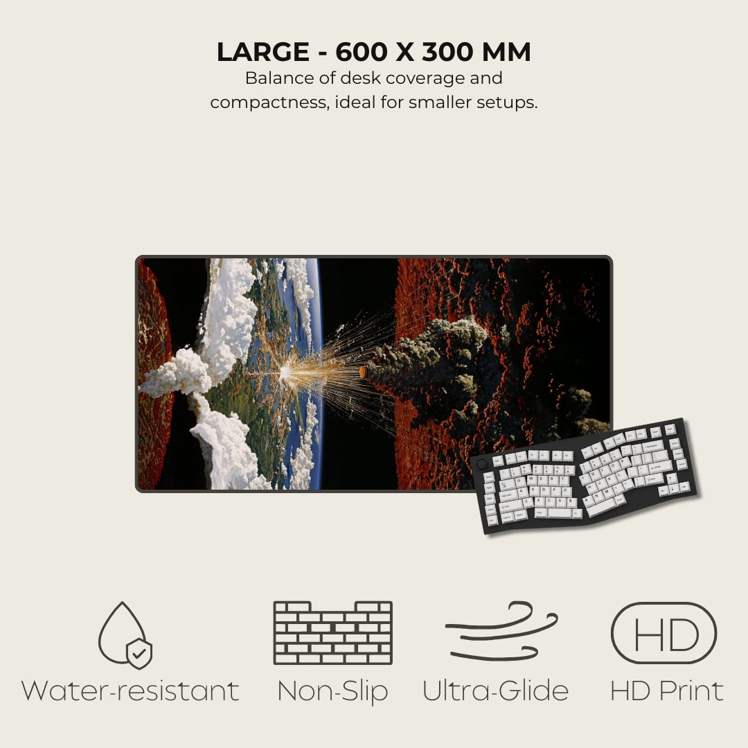 Large desk mat with space-themed design and keyboard, featuring text on size and features.