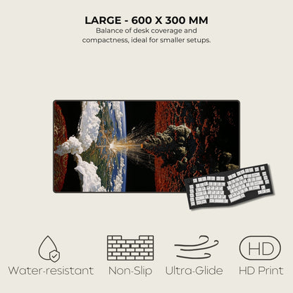 Large desk mat with space-themed design and keyboard, featuring text on size and features.