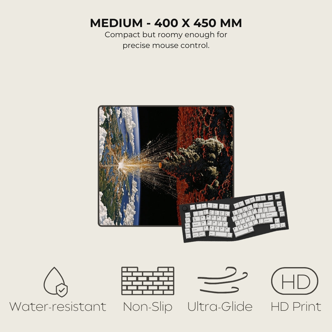 Mouse pad with gaming design and keyboard, featuring specifications and features on a light beige background.