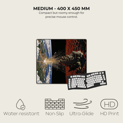 Mouse pad with gaming design and keyboard, featuring specifications and features on a light beige background.