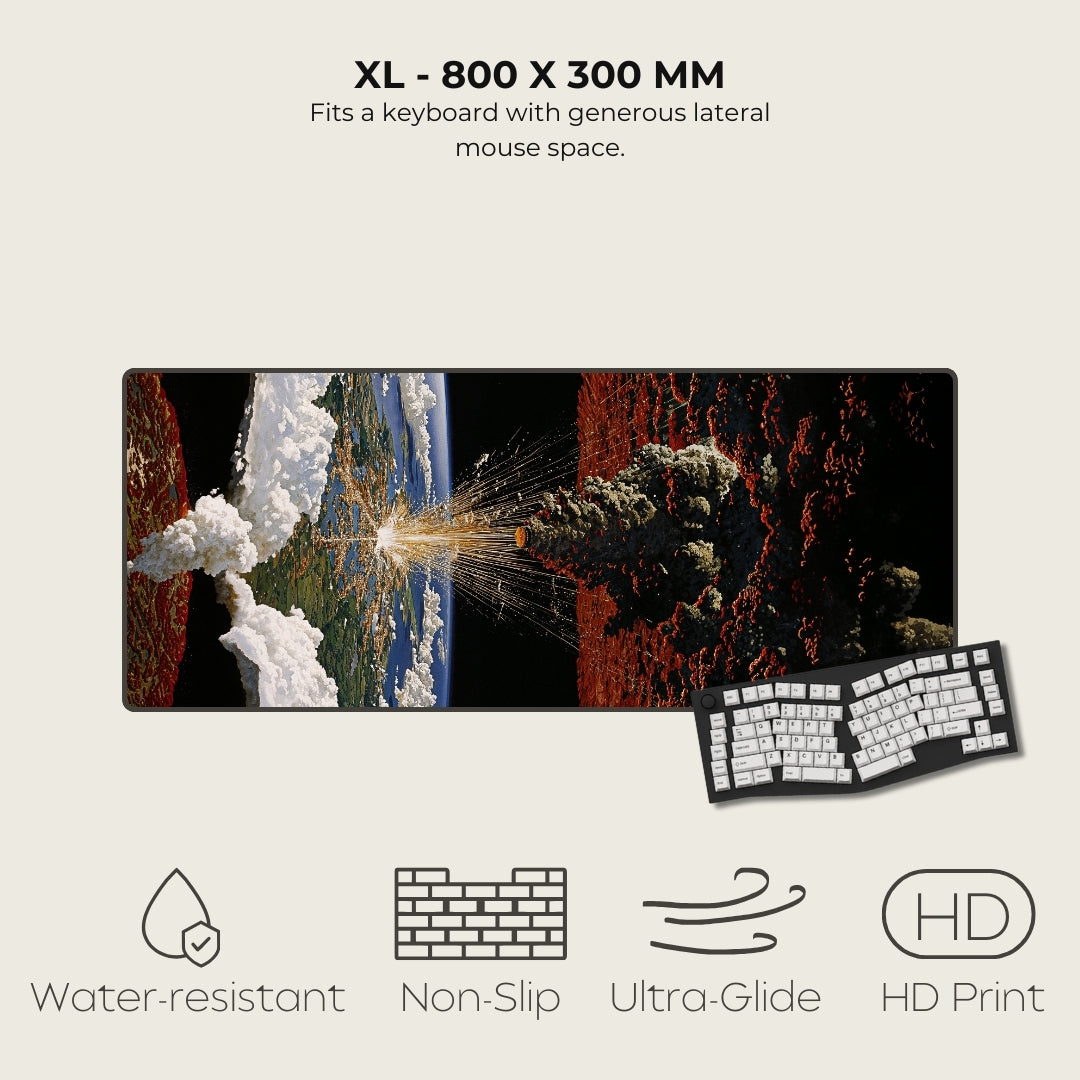 Large mouse pad with space-themed design, keyboard, and features listed on a light gray background.