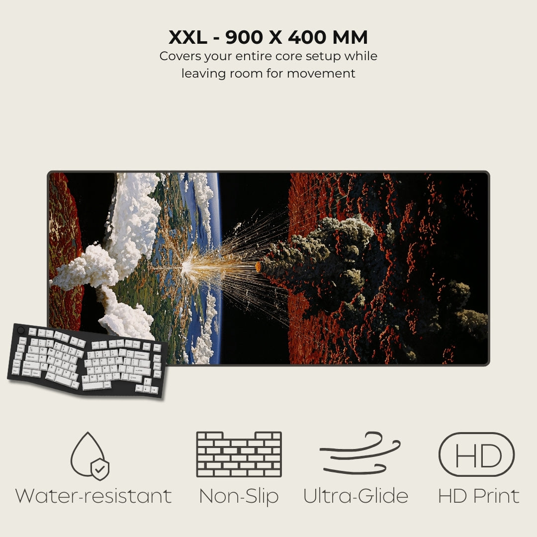 Large gaming mouse pad with space-themed design, keyboard, and product features on a white background