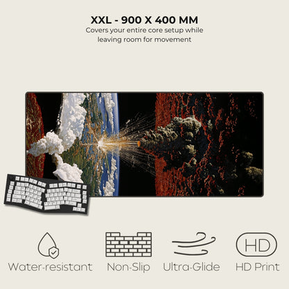 Large gaming mouse pad with space-themed design, keyboard, and product features on a white background