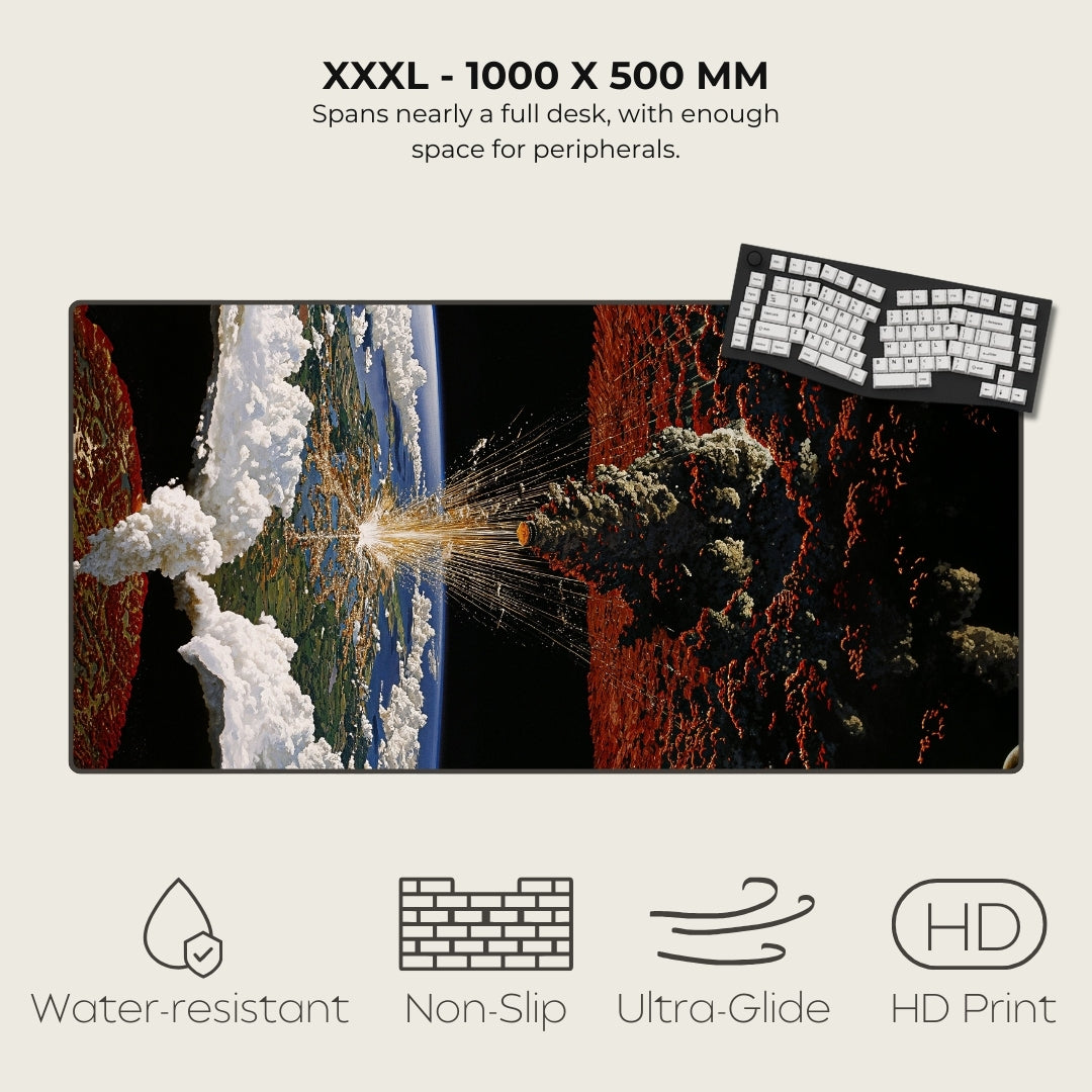 Large desk mat with space-themed design, keyboard, and product features on a white background